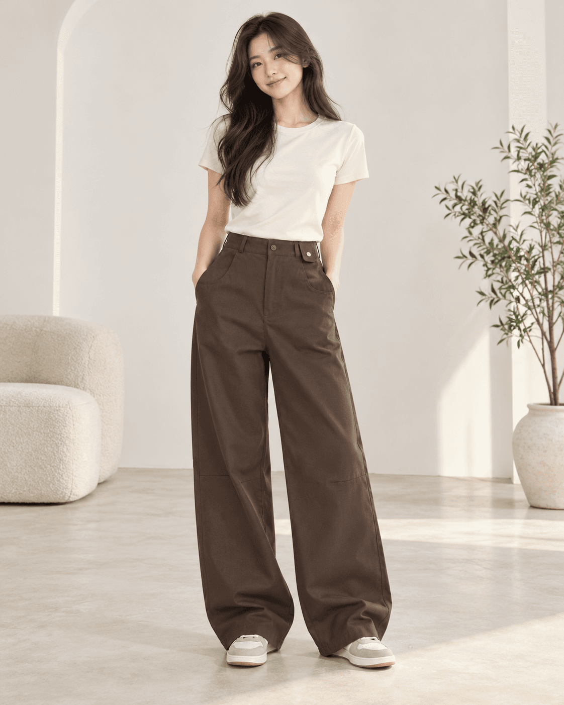 Gợi ý phối đồ với quần Baggy 3091 màu Nâu, áo thun trắng và giày thể thao